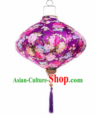 Chinese Traditional Purple Silk Hanging Lantern New Year Handmade Painting Peony Palace Lanterns