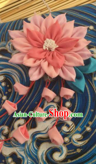 Japanese Geisha Courtesan Kimono Pink Lotus Tassel Hair Claw Hairpins Traditional Yamato Hair Accessories for Women
