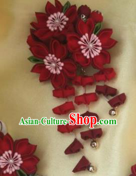 Japanese Geisha Courtesan Kimono Red Sakura Tassel Hair Claw Hairpins Traditional Yamato Hair Accessories for Women