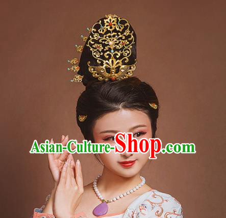 Chinese Ancient Tang Dynasty Queen Hairpins Golden Peacock Hair Crown Traditional Hanfu Hair Accessories for Women