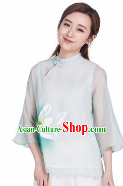 Chinese Traditional Tang Suit Ink Painting Lotus Green Blouse Martial Arts Tai Chi Competition Costume for Women