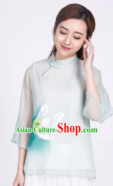 Chinese Traditional Tang Suit Ink Painting Lotus Green Blouse Martial Arts Tai Chi Competition Costume for Women