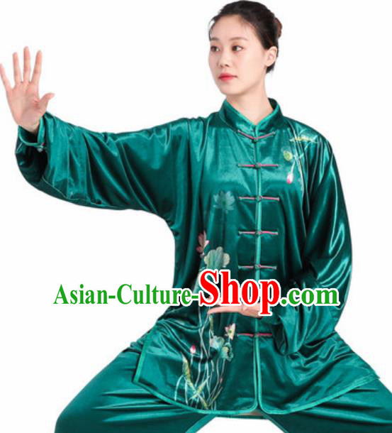 Chinese Traditional Tang Suit Green Velvet Clothing Martial Arts Tai Chi Competition Costume for Women
