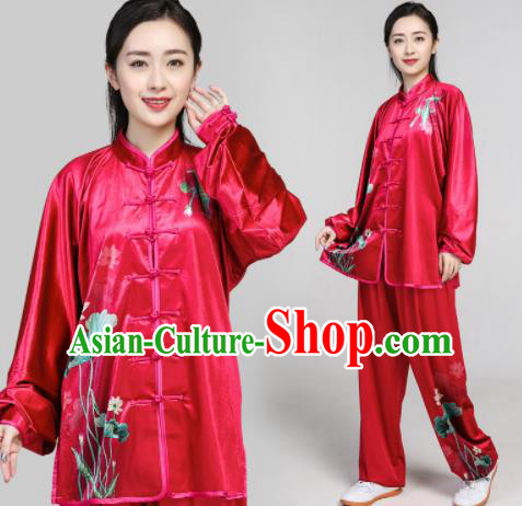 Chinese Traditional Tang Suit Rosy Velvet Clothing Martial Arts Tai Chi Competition Costume for Women