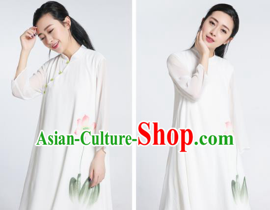 Chinese Traditional Tang Suit Ink Painting Lotus Clothing Martial Arts Tai Chi Competition Costume for Women