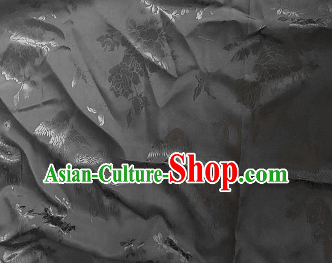 Traditional Chinese Royal Peacock Peony Pattern Design Black Brocade Silk Fabric Asian Satin Material