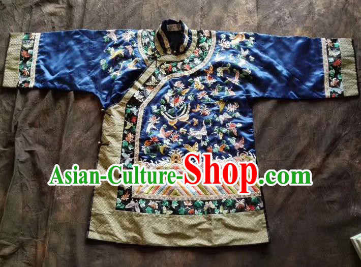 Chinese Traditional Tang Suit Embroidered Butterfly Blue Coat National Costume for Women