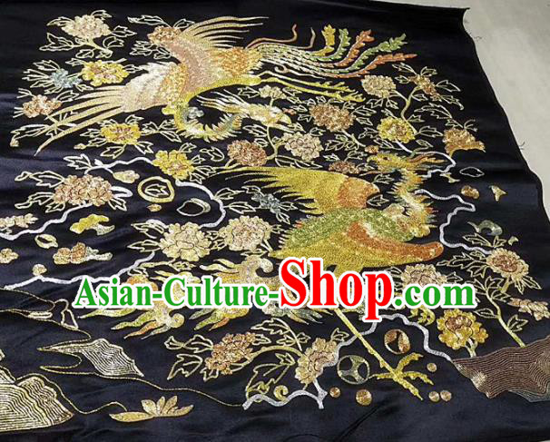Chinese Handmade Embroidered Phoenix Black Silk Fabric Patch Traditional Embroidery Craft