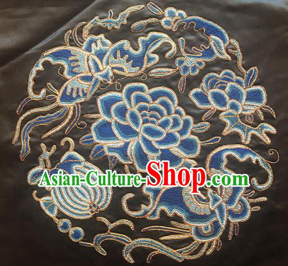 Chinese Handmade Embroidered Blue Peony Silk Fabric Patch Traditional Embroidery Craft