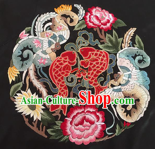 Chinese Handmade Embroidered Carps Peony Silk Fabric Patch Traditional Embroidery Craft
