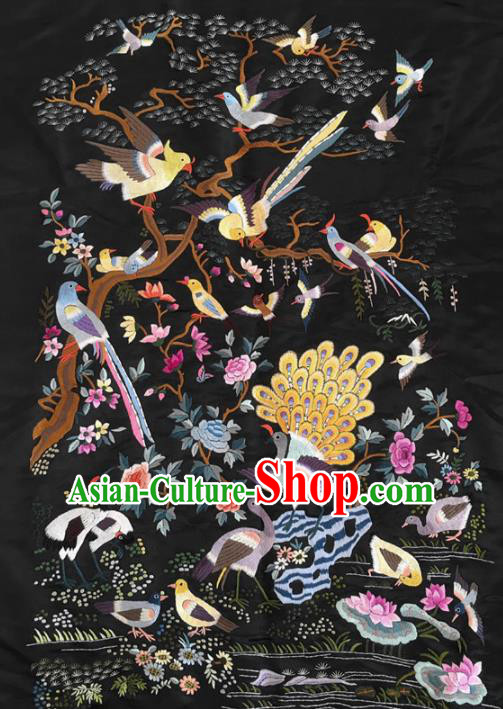 Chinese Handmade Embroidered Peacock Cranes Silk Fabric Patch Traditional Embroidery Craft