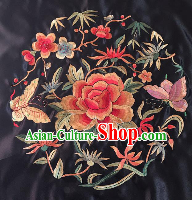 Chinese Handmade Embroidered Peony Plum Silk Fabric Patch Traditional Embroidery Craft