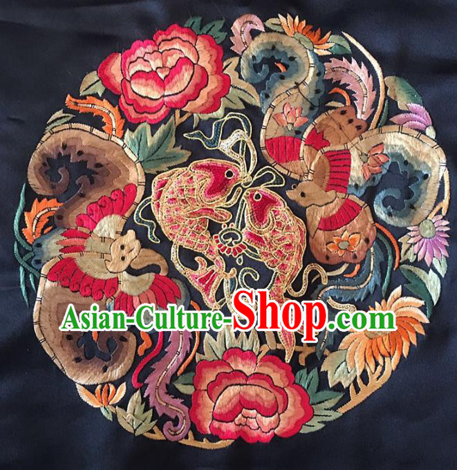 Chinese Handmade Embroidered Peony Carps Silk Fabric Patch Traditional Embroidery Craft