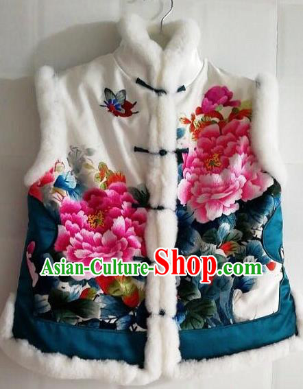 Chinese Traditional Tang Suit Embroidered Peony White Vest National Costume Qipao Shirt for Women