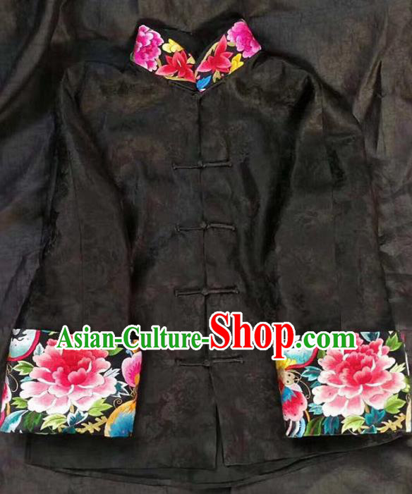 Chinese Traditional Tang Suit Embroidered Peony Black Coat National Costume Qipao Shirt for Women