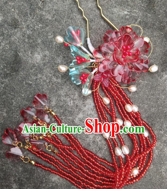 Chinese Ancient Hanfu Red Peony Tassel Hairpins Traditional Handmade Hair Accessories for Women