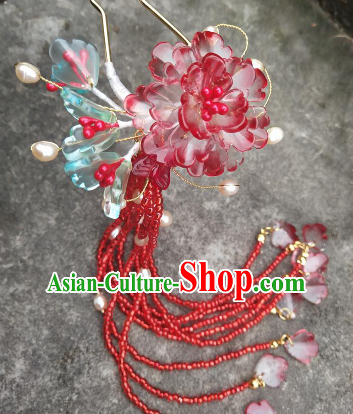 Chinese Ancient Hanfu Red Peony Tassel Hairpins Traditional Handmade Hair Accessories for Women