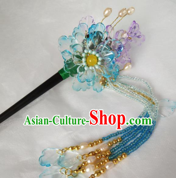 Chinese Ancient Hanfu Blue Flowers Tassel Hairpins Traditional Handmade Hair Accessories for Women