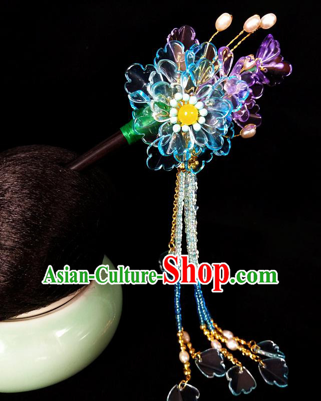 Chinese Ancient Hanfu Blue Flowers Tassel Hairpins Traditional Handmade Hair Accessories for Women