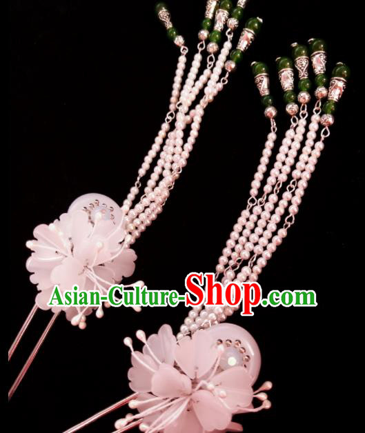 Chinese Ancient Hanfu Pink Beads Tassel Hairpins Traditional Handmade Hair Accessories for Women