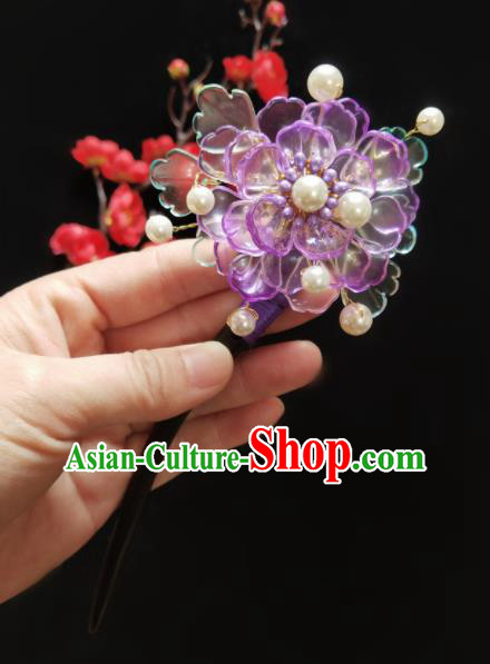 Chinese Ancient Hanfu Purple Flower Sandalwood Hairpins Traditional Handmade Hair Accessories for Women