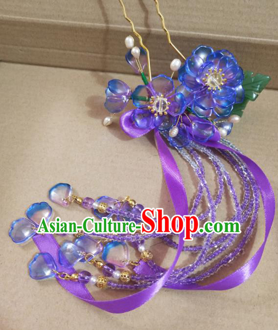 Chinese Ancient Hanfu Purple Flower Ribbon Tassel Hairpins Traditional Handmade Hair Accessories for Women