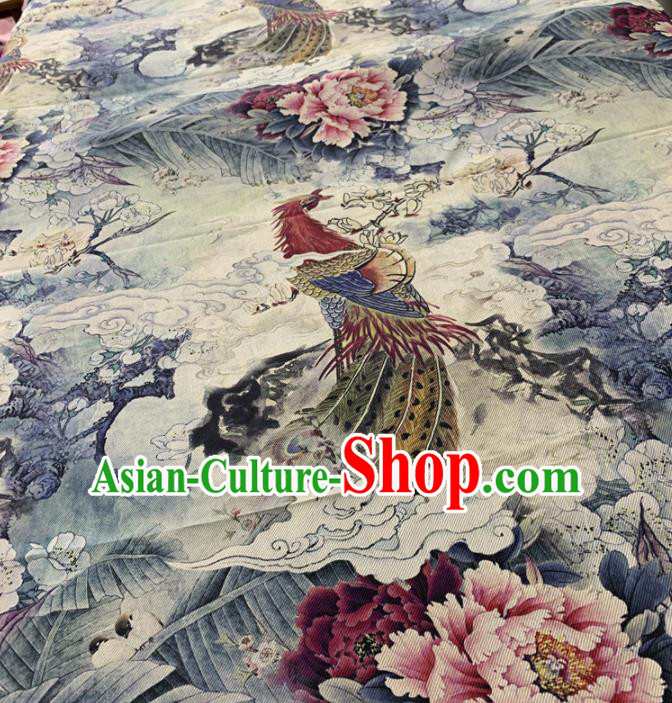 Traditional Chinese Royal Phoenix Peony Pattern Design White Brocade Silk Fabric Asian Satin Material
