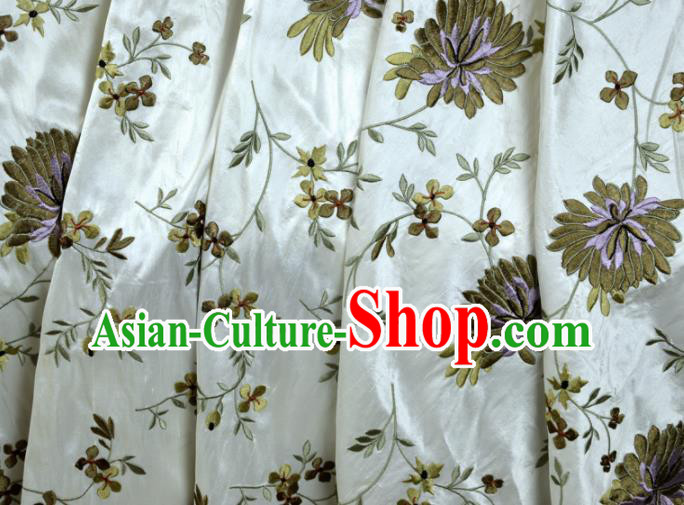 Chinese Traditional Embroidered Chrysanthemum Pattern Design White Silk Fabric Brocade Asian Satin Material