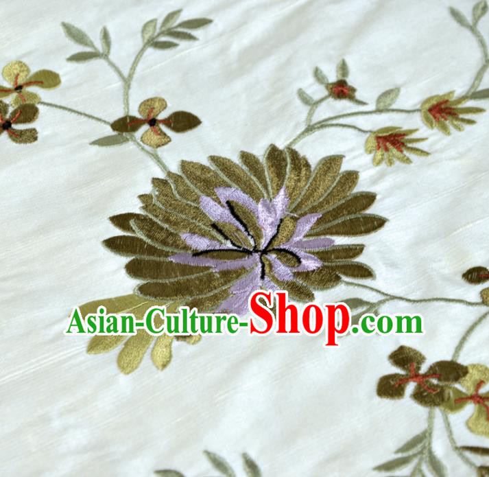 Chinese Traditional Embroidered Chrysanthemum Pattern Design White Silk Fabric Brocade Asian Satin Material