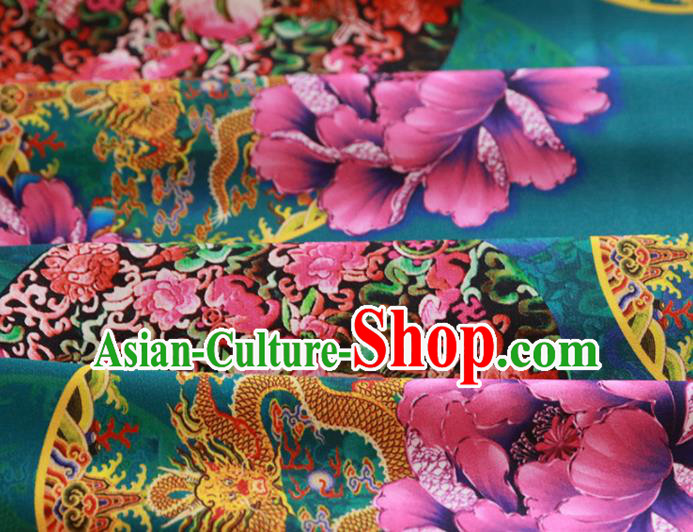 Chinese Traditional Lucky Peony Pattern Design Deep Green Satin Brocade Fabric Asian Silk Material