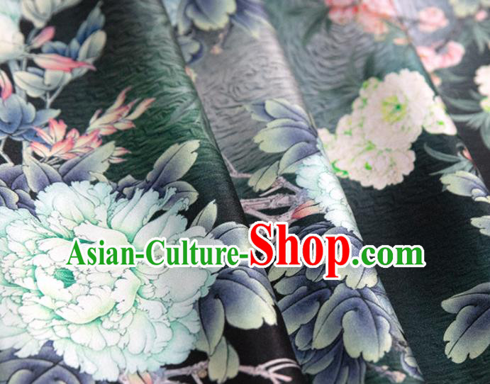 Chinese Traditional Peony Pattern Design Black Satin Brocade Fabric Asian Silk Material