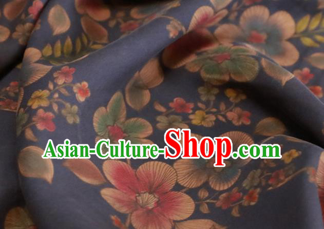 Chinese Traditional Peach Flowers Pattern Design Navy Satin Brocade Fabric Asian Silk Material