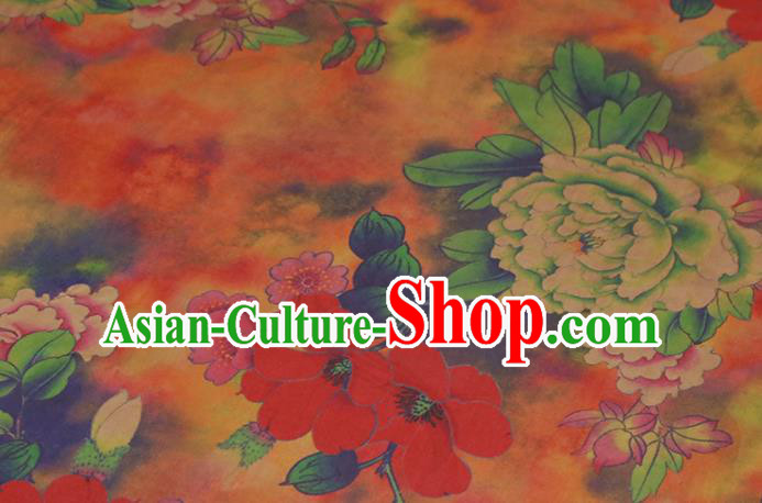 Chinese Traditional Peony Flowers Pattern Design Orange Satin Brocade Fabric Asian Silk Material