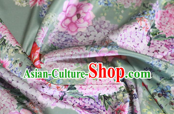 Chinese Traditional Hydrangea Pattern Design Green Satin Brocade Fabric Asian Silk Material