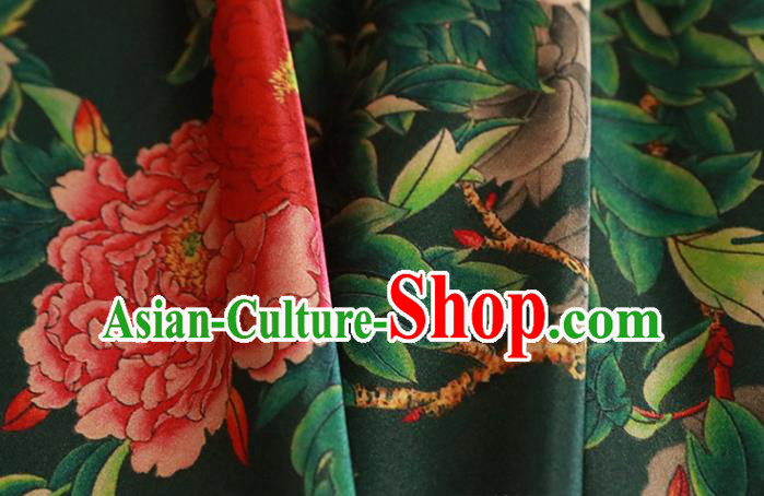 Chinese Traditional Peony Pattern Design Deep Green Satin Brocade Fabric Asian Silk Material