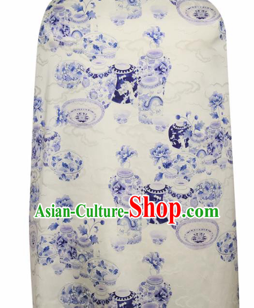 Chinese Traditional Vases Pattern Design White Satin Brocade Fabric Asian Silk Material