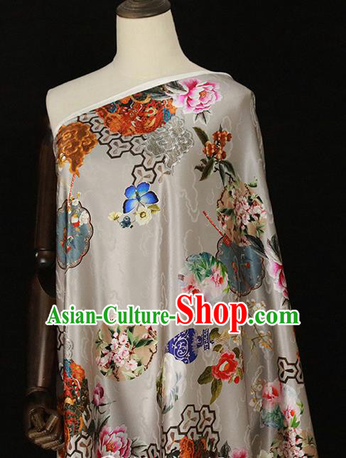 Chinese Traditional Peony Pattern Design Wedding Grey Satin Brocade Fabric Asian Silk Material