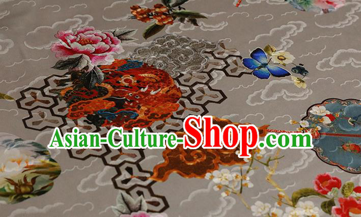 Chinese Traditional Peony Pattern Design Wedding Grey Satin Brocade Fabric Asian Silk Material
