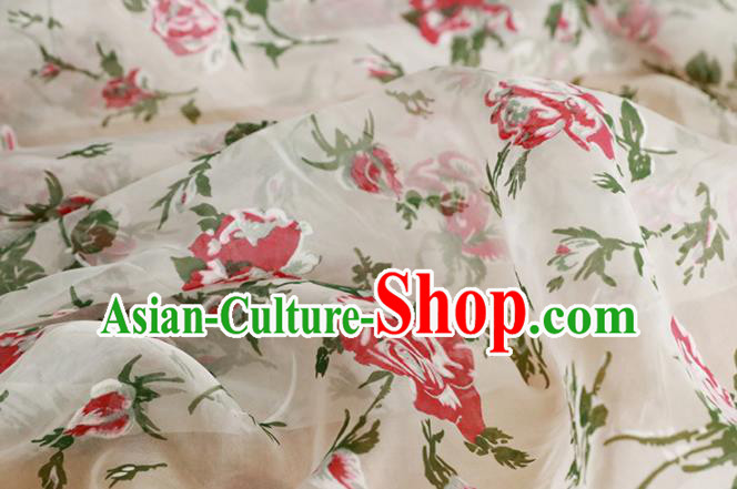 Chinese Traditional Roses Pattern Design Cheongsam White Satin Brocade Fabric Asian Silk Material
