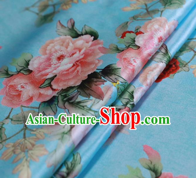 Chinese Traditional Peony Pattern Design Blue Satin Brocade Fabric Asian Silk Material