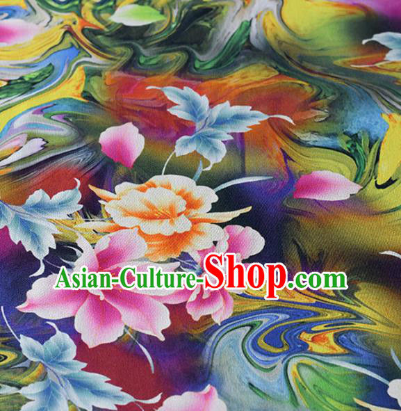 Chinese Traditional Flowers Pattern Design Cheongsam Deep Blue Satin Brocade Fabric Asian Silk Material