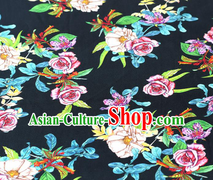 Chinese Traditional Roses Pattern Design Cheongsam Black Satin Brocade Fabric Asian Silk Material