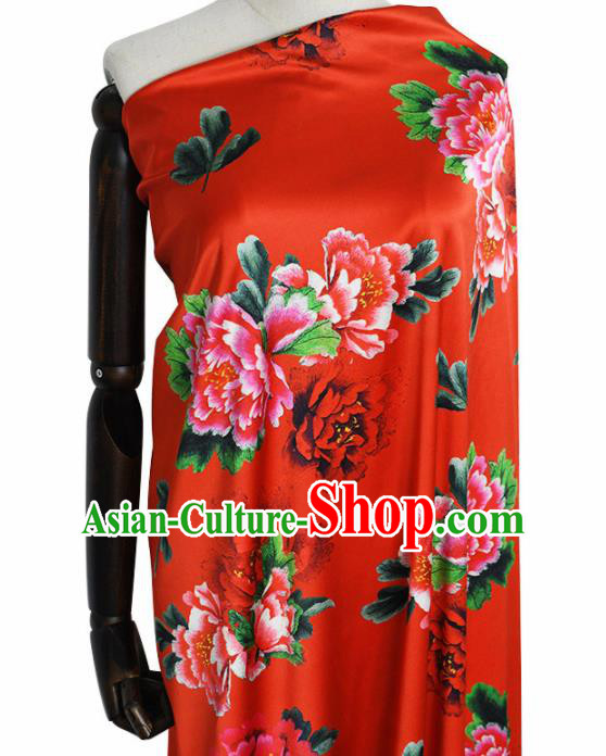 Chinese Traditional Peony Pattern Design Cheongsam Red Satin Brocade Fabric Asian Silk Material