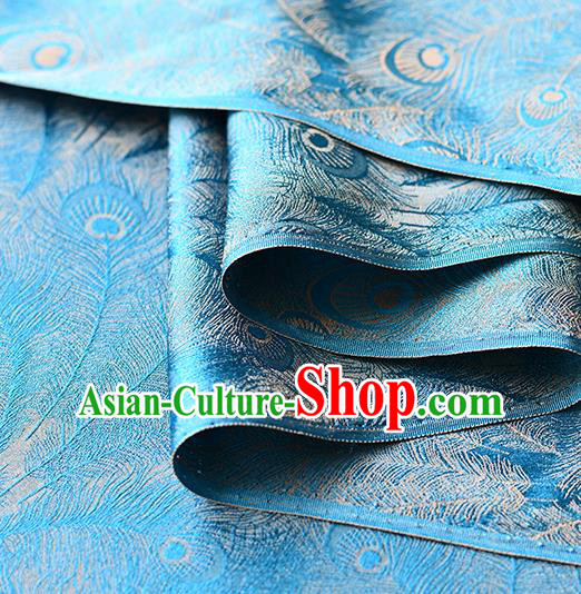 Chinese Traditional Feather Pattern Design Cheongsam Blue Satin Brocade Fabric Asian Silk Material
