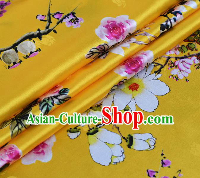 Chinese Traditional Plum Blossom Pattern Design Cheongsam Yellow Satin Brocade Fabric Asian Silk Material
