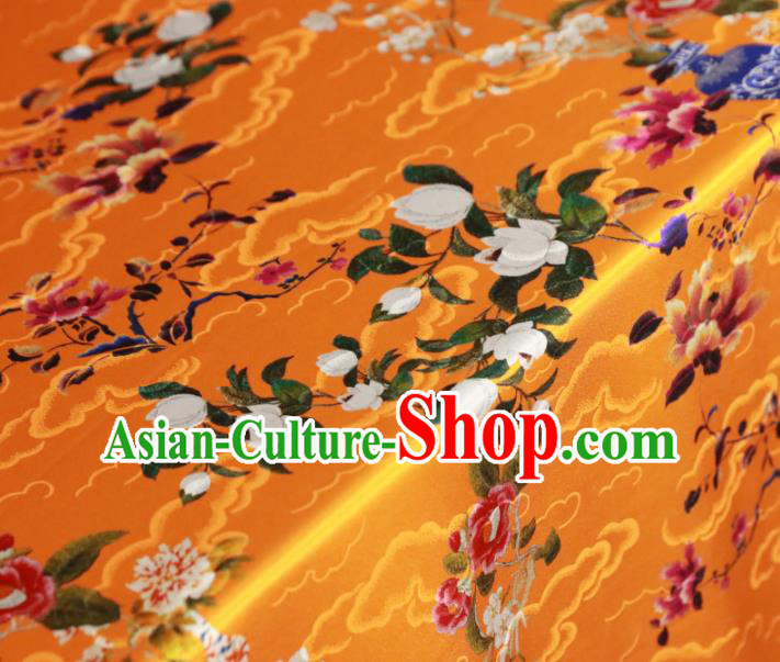 Chinese Traditional Yulan Magnolia Pattern Design Orange Satin Brocade Fabric Asian Silk Material