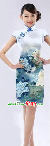 Chinese Traditional Blue Peony Pattern Design Satin Hanfu Brocade Fabric Asian Silk Material