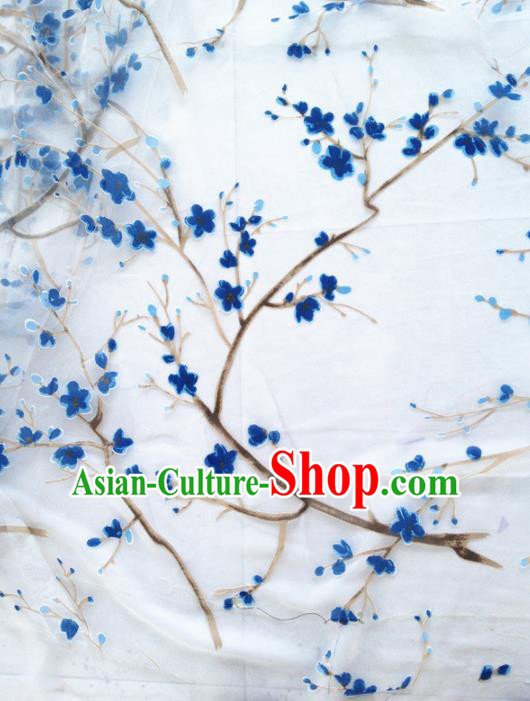 Chinese Traditional Blue Plum Pattern Design Veil Satin Hanfu Brocade Fabric Asian Silk Material