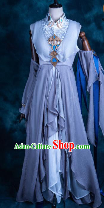 Chinese Ancient Cosplay Heroine Female Knight Blue Dress Traditional Hanfu Swordsman Costume for Women