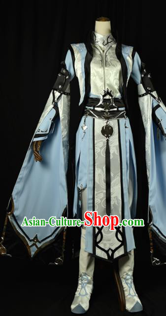 Chinese Ancient Cosplay Royal Highness Knight Blue Clothing Traditional Hanfu Swordsman Costume for Men